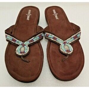 Minnetonka Brown Sandals  Flip Flops Silver Beaded Accents Women's Size 11